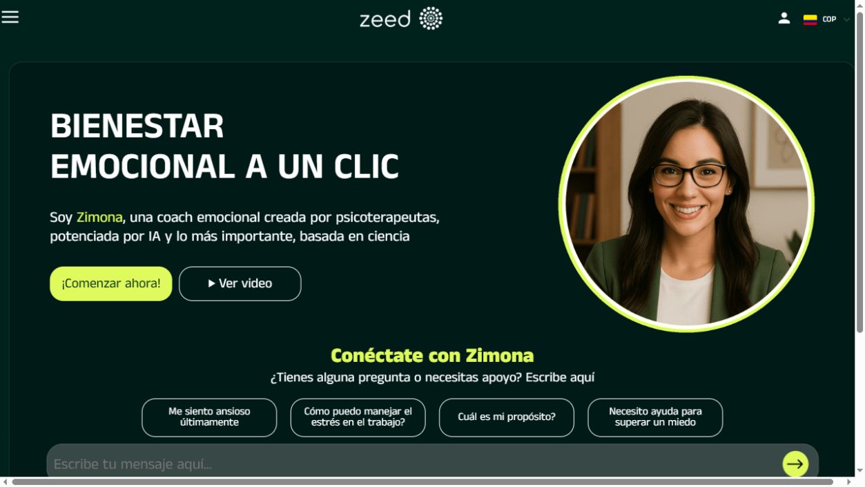 Captura limpia del chat de Zimona en Zeed, sin ventanas superpuestas
